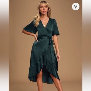 Lulu's Wrapped Up In Love Dark Green Satin Faux-Wrap Midi Dress - Small